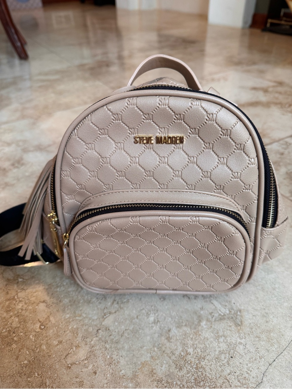 Steve Madden Taupe Quilted Mini Backpack with Tassel